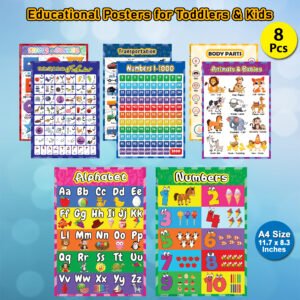 Educational Preschool Poster Learning Charts A4 size 08pcs for Toddler and Kid for Nursery