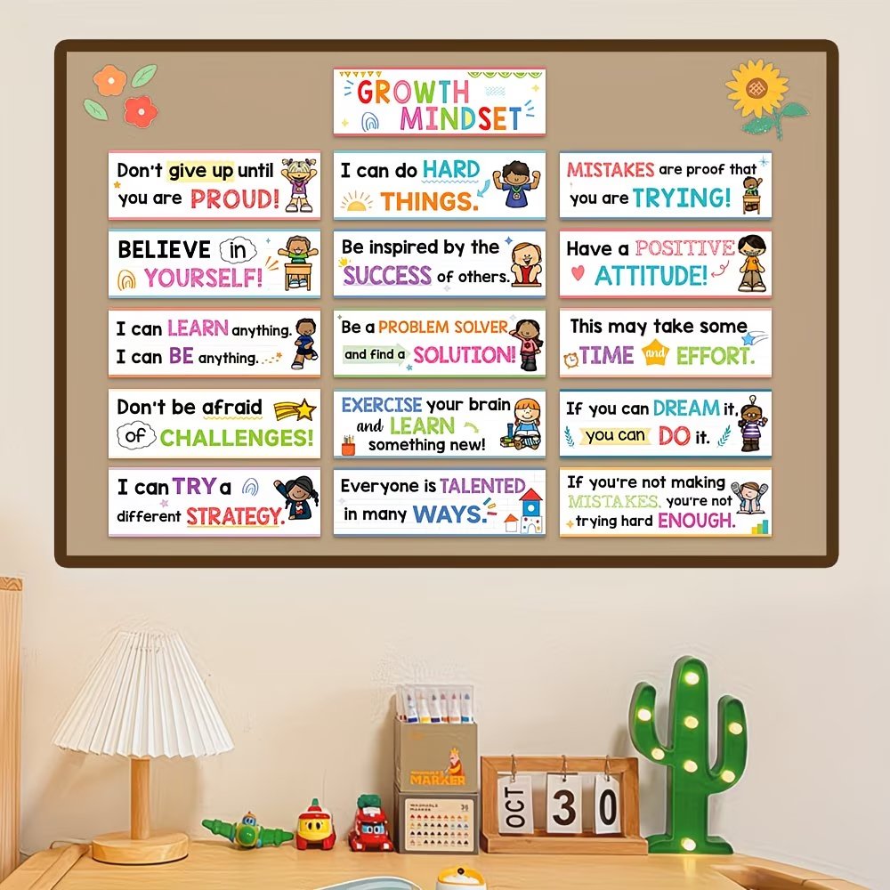 Growth Mindset Posters Set – 16 PCS Inspirational Classroom Wall Decor for Kids