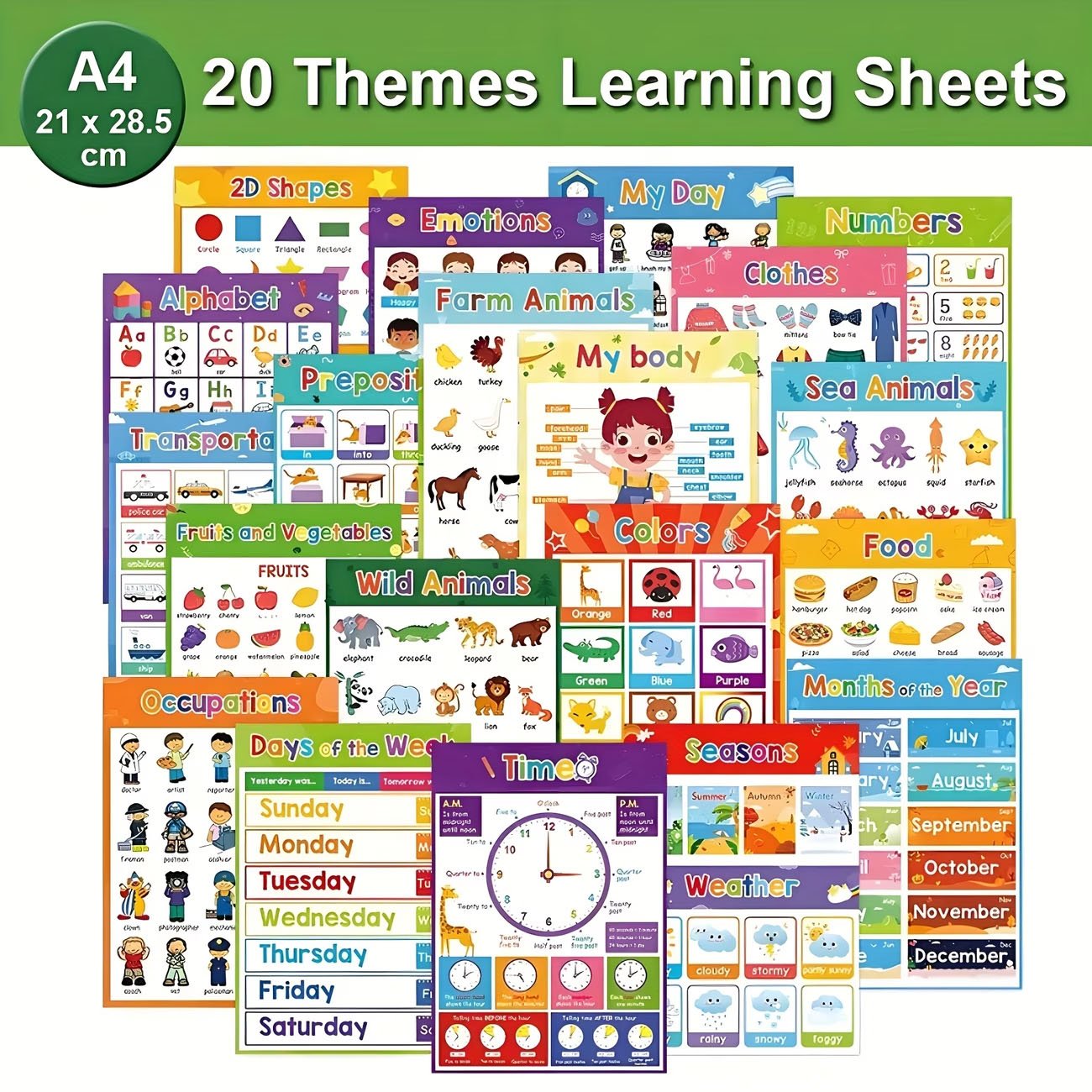 20 Educational Posters for Youngsters - Laminated Learning Charts for Kids, ABC Alphabet Posters, Preschool Homeschool Materials, Pre-K Classroom Wall Decorations