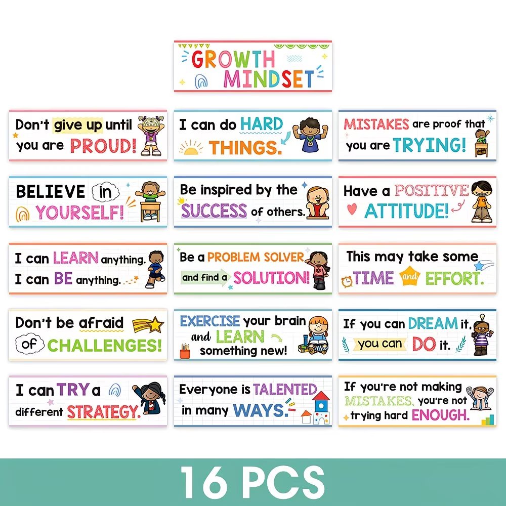 Growth Mindset Posters Set – 16 PCS Inspirational Classroom Wall Decor for Kids