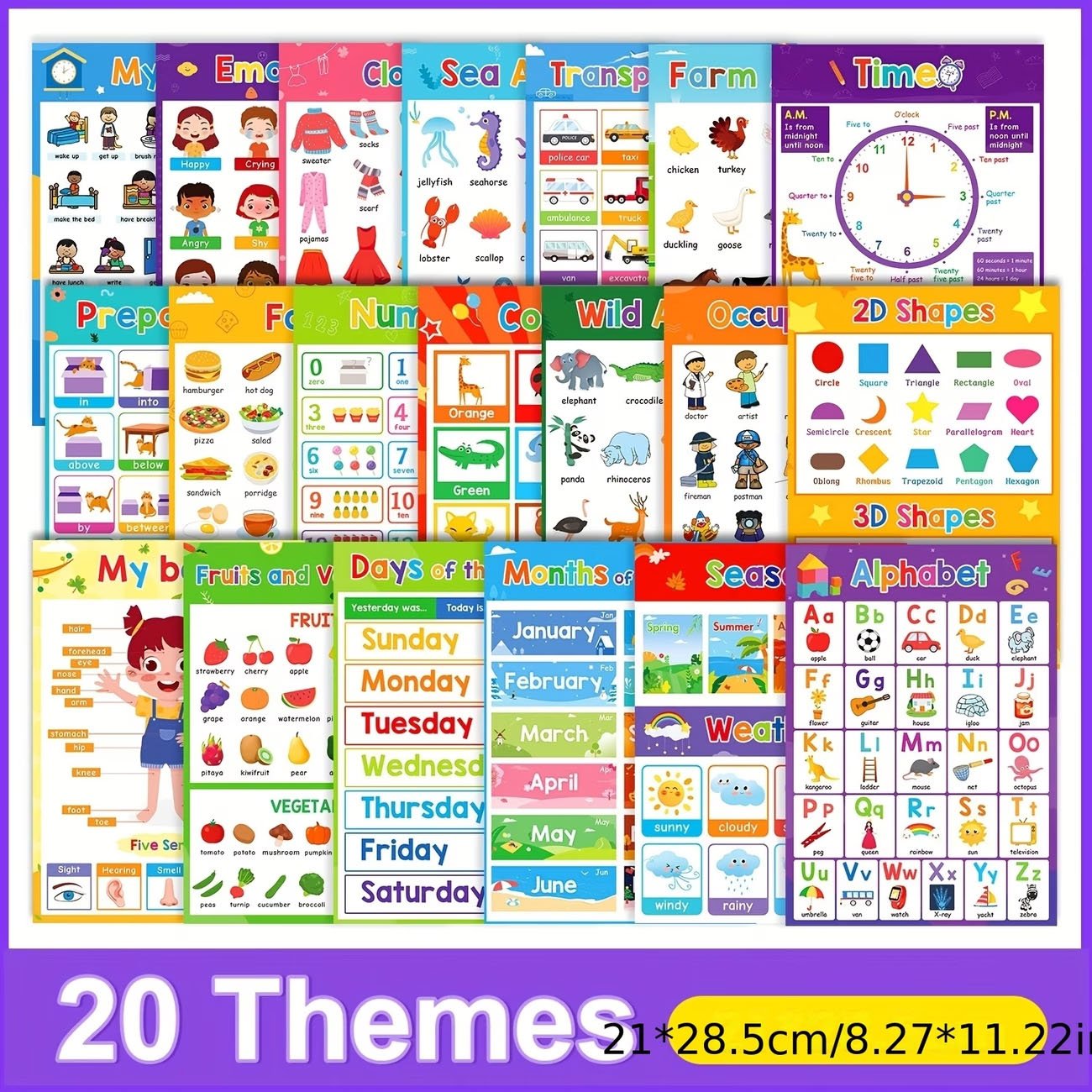 20 Educational Posters for Youngsters - Laminated Learning Charts for Kids, ABC Alphabet Posters, Preschool Homeschool Materials, Pre-K Classroom Wall Decorations