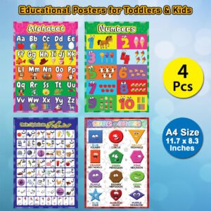 Educational Preschool Poster Learning Charts A4 size 04pcs for Toddler and Kid for Nursery