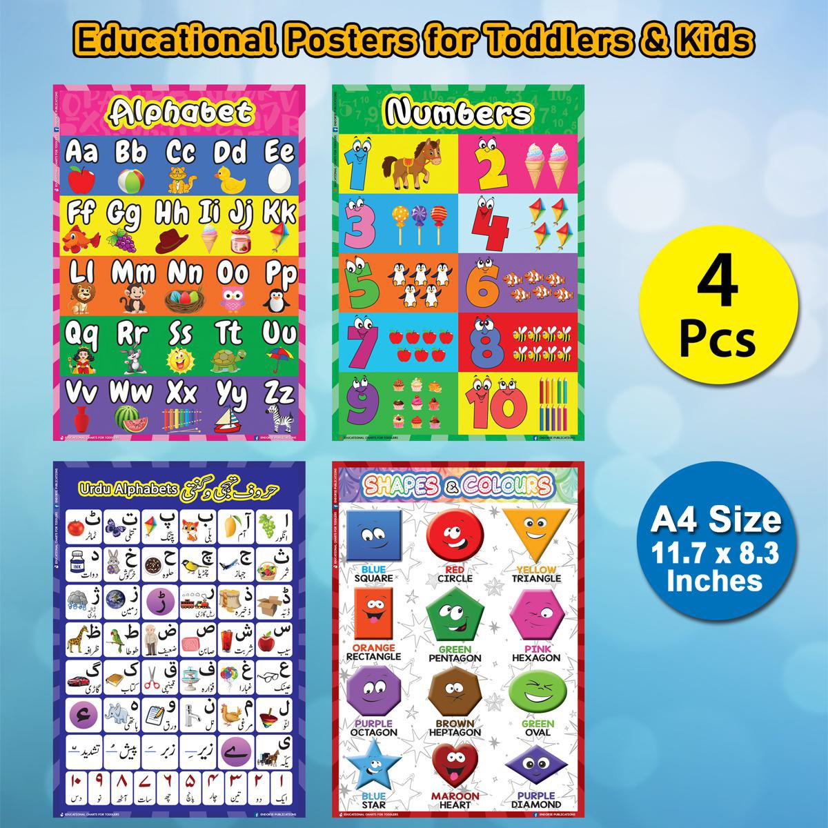 Educational Preschool Poster Learning Charts A4 size 04pcs for Toddler and Kid for Nursery