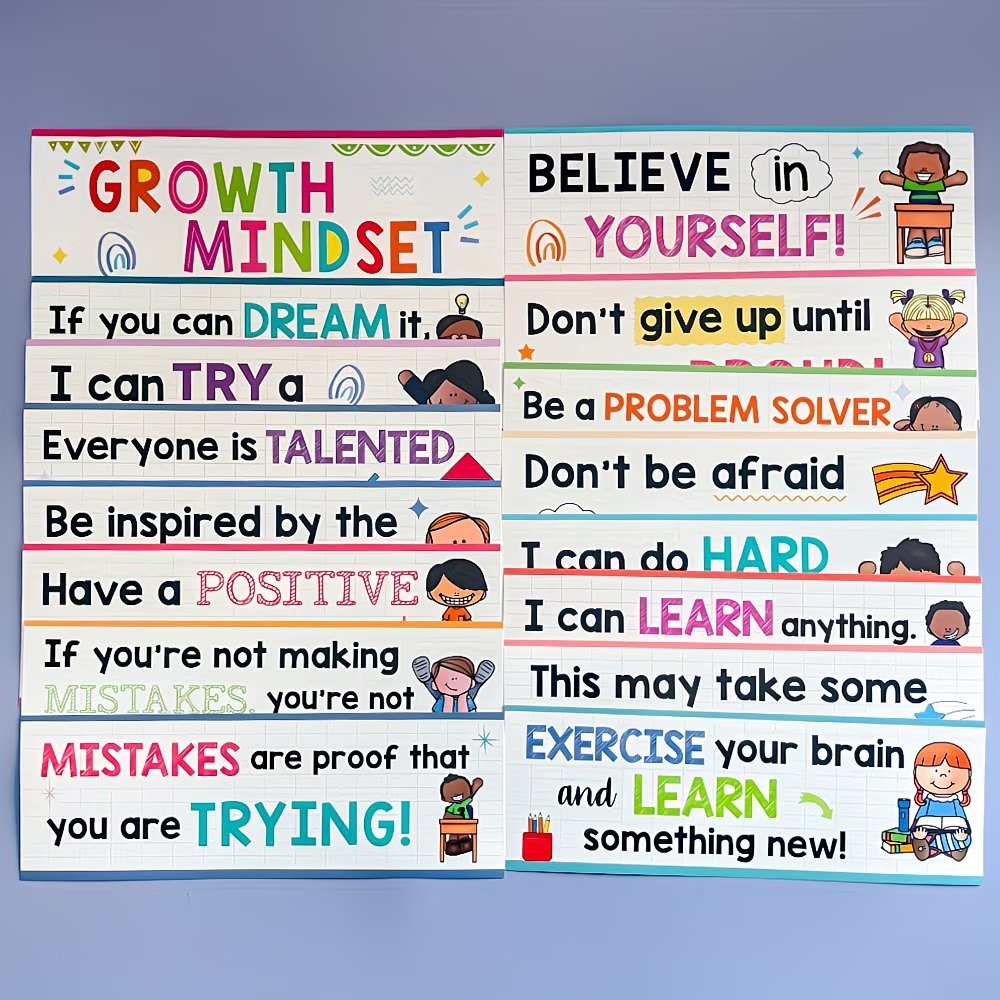 Growth Mindset Posters Set – 16 PCS Inspirational Classroom Wall Decor for Kids
