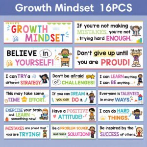 Growth Mindset Posters Set – 16 PCS Inspirational Classroom Wall Decor for Kids