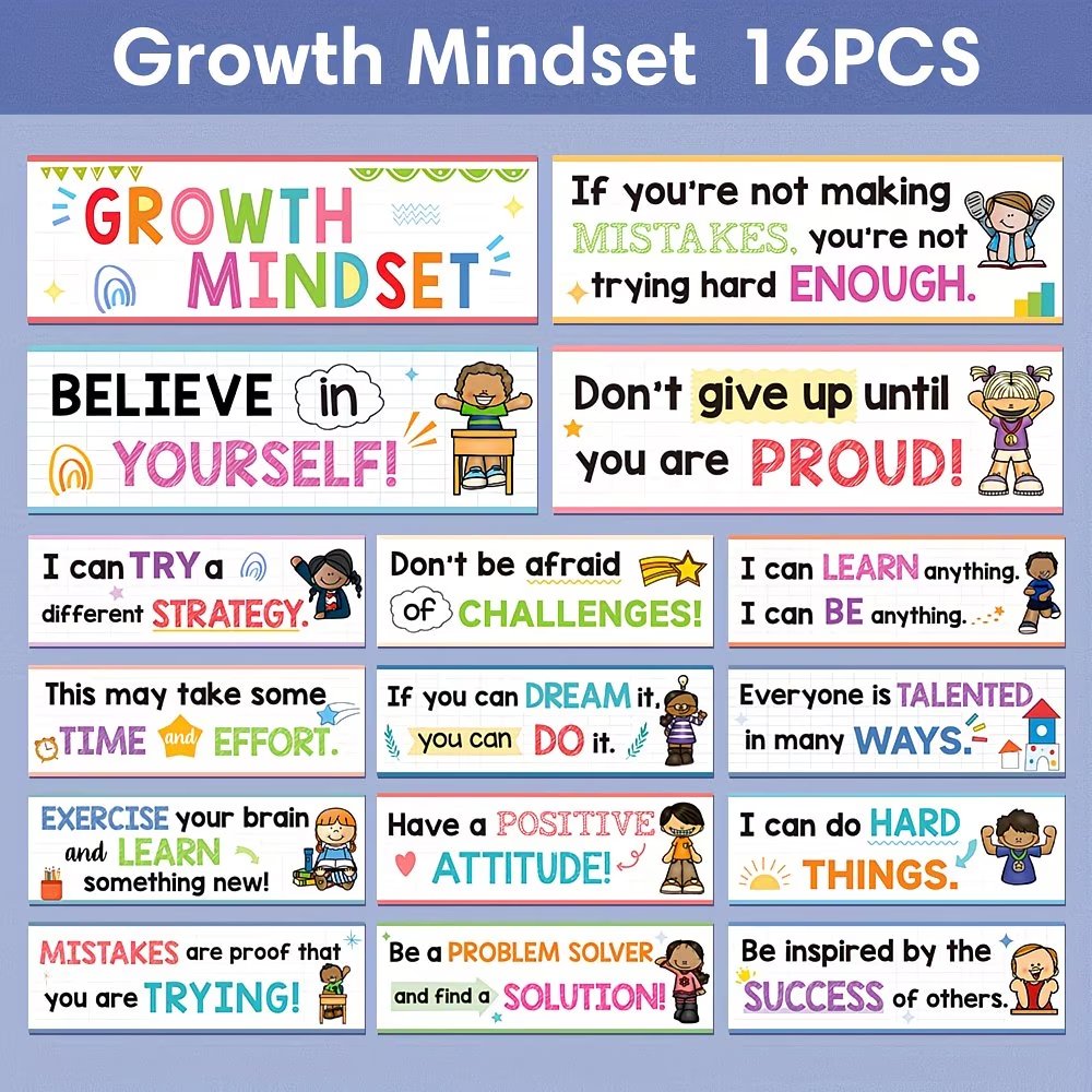 Growth Mindset Posters Set – 16 PCS Inspirational Classroom Wall Decor for Kids