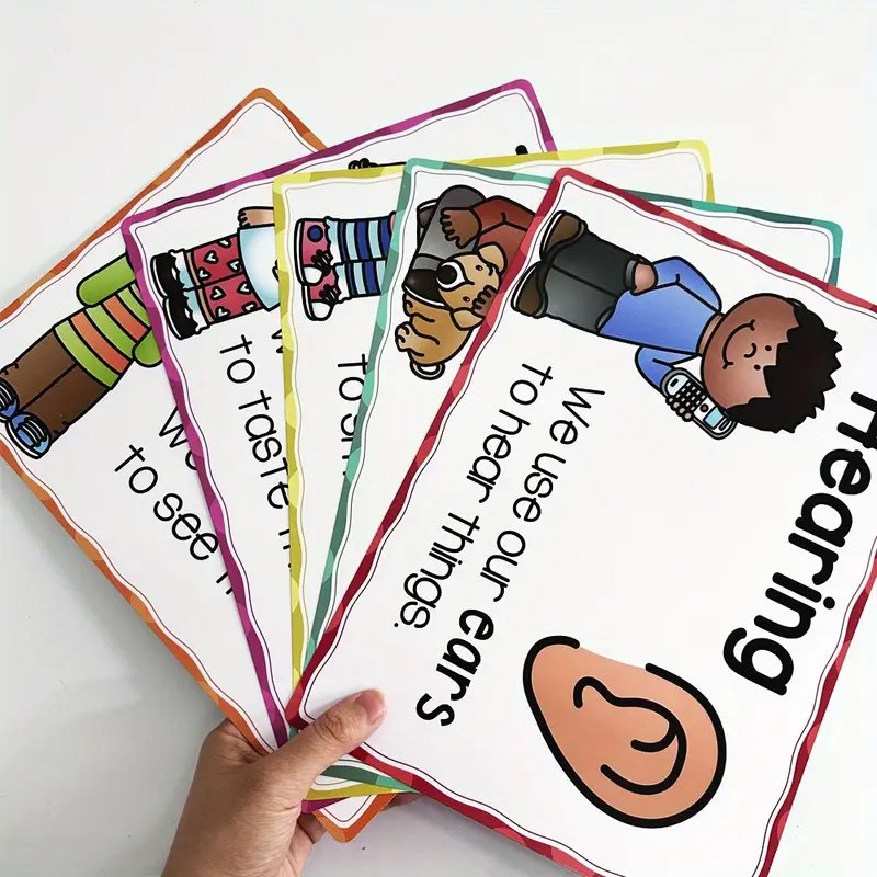 Educational Five Senses Posters for Kids 5pcs Preschool Classroom Learning Charts High-Quality Paper Wall Art Waterproof Layer